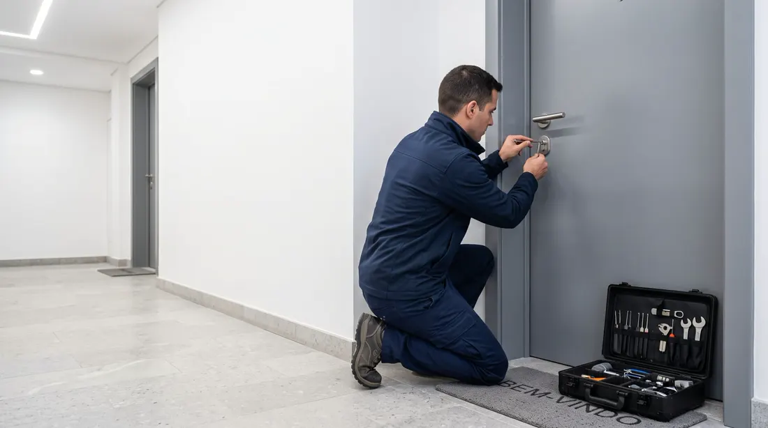 Técnico chaveiro a abrir a fechadura da porta de um apartamento